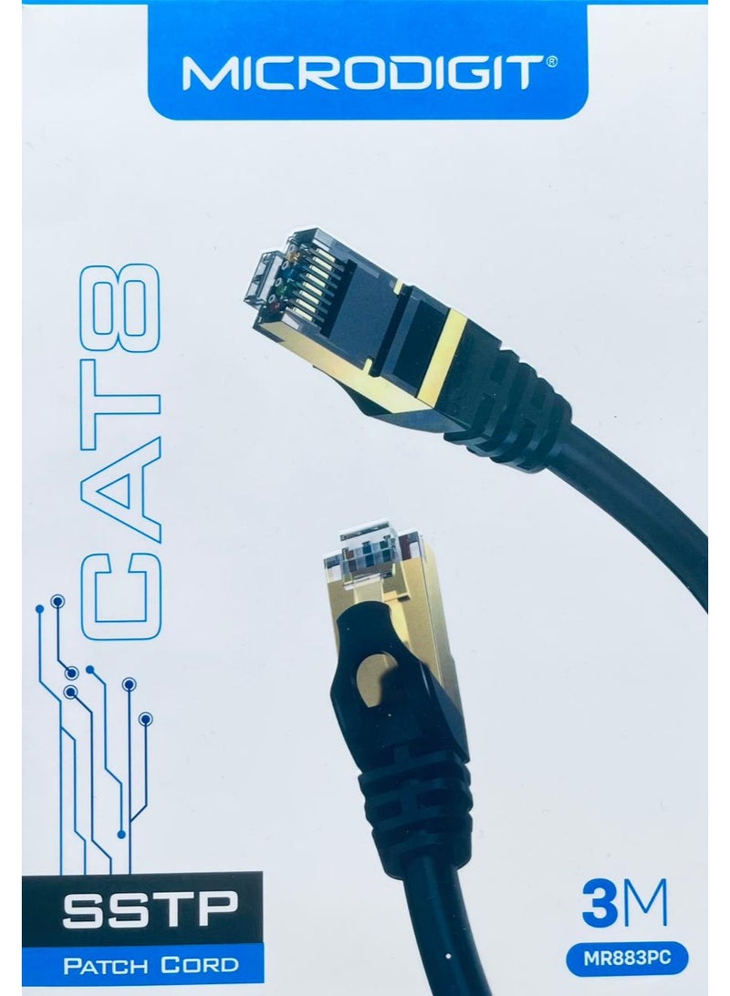 Micro Digit CAT8 SSTP Ethernet Patch Cable 3M – 10Gbps High Speed, Gold-Plated RJ45, LSZH Jacket – Black (MR883PC) - Image 1